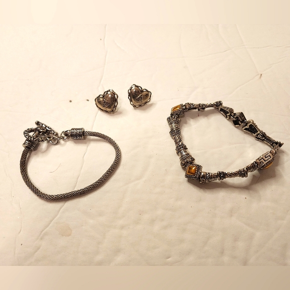 Brighton Jewelry - Vintage Brighton 3 pcs Scroll Crystal Accent Naga Chain Bracelet Heart Earrings